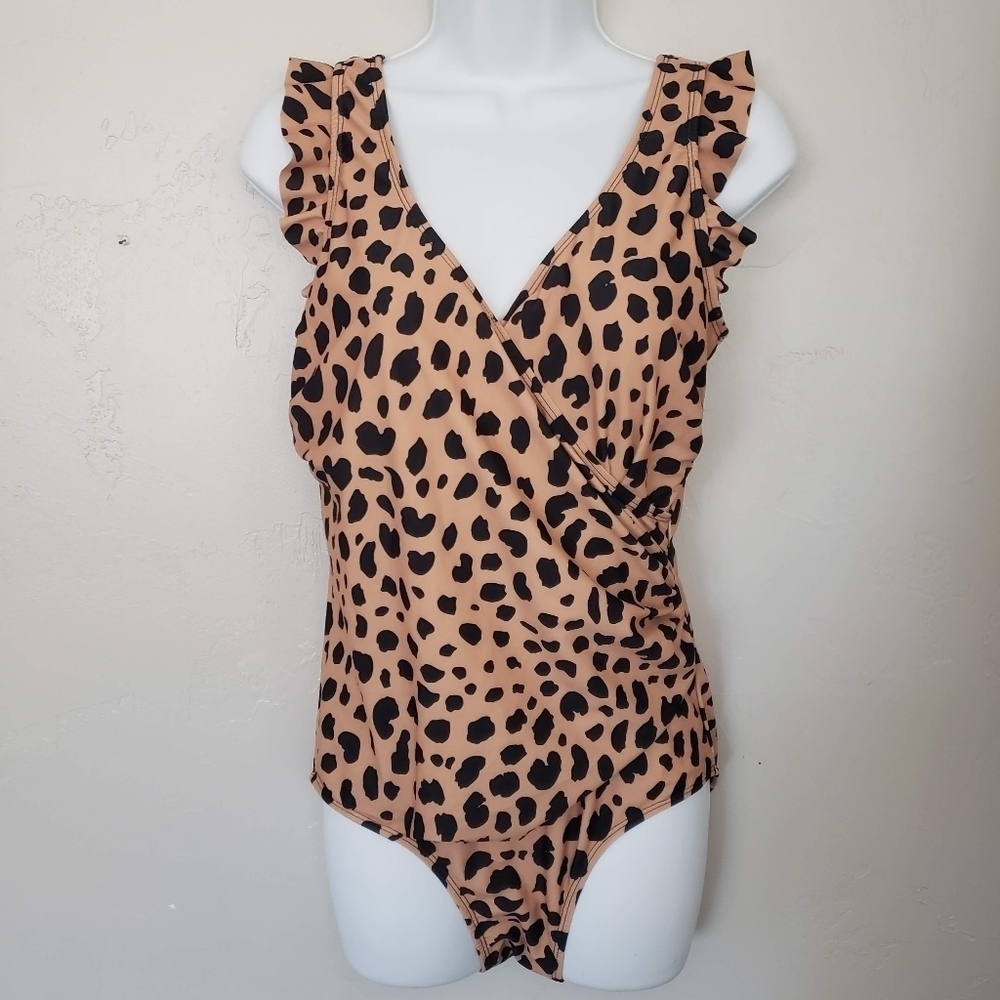 Marina West Women's Large One Piece Swimsuit Tan Black Leopard Cheetah Wrap